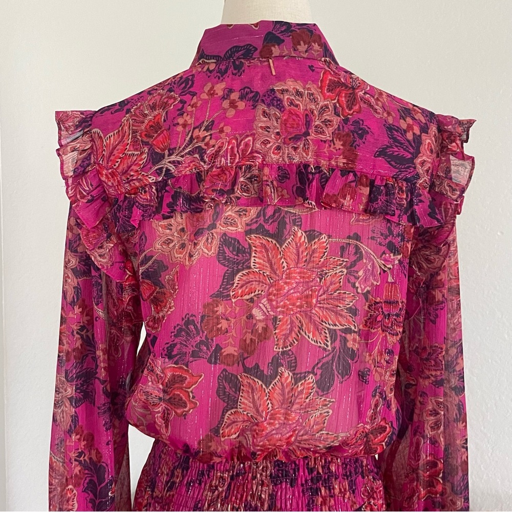 Misa Los Angeles Marian Floral Ruffle Metallic Tier Smocked Midi Dress - Picture 9 of 12